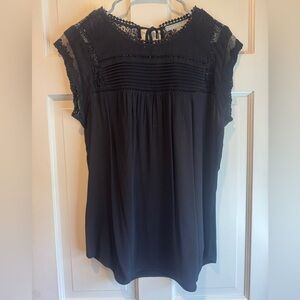 Daniel Rainn Black Lace Trim Blouse Size Medium Boho Sheer Sleeve Top